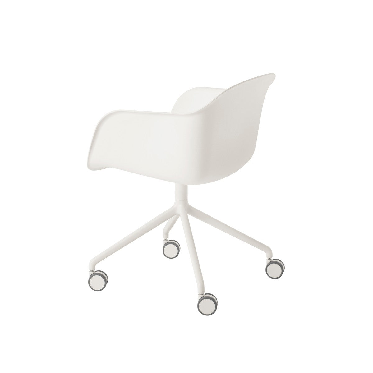 Fiber Arm Chair, Swivel Base With Casters and Gas Lift, Natural White Seat, White Base and White Castors