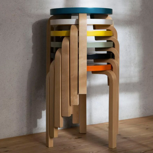 Artek Stool 60, Legs Natural Lacquered, Seat Grey Lacquered