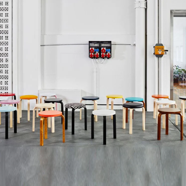 Artek Stool 60, Legs Natural Lacquered, Seat Blue Lacquered