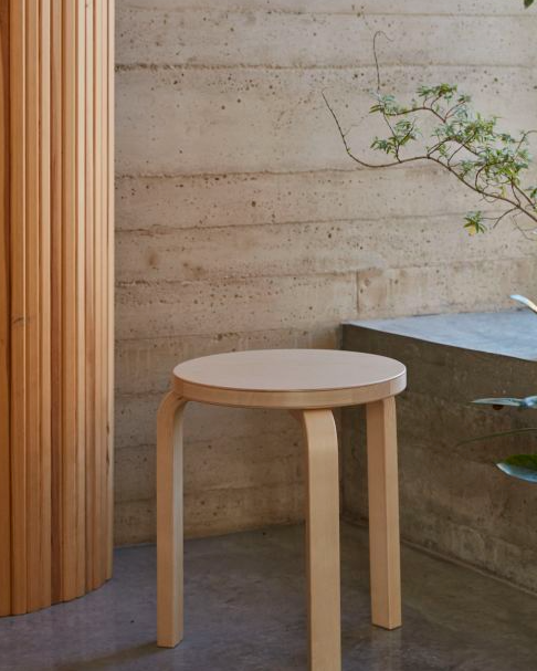 Artek Stool 60, Legs Natural Lacquered, Seat Blue Lacquered