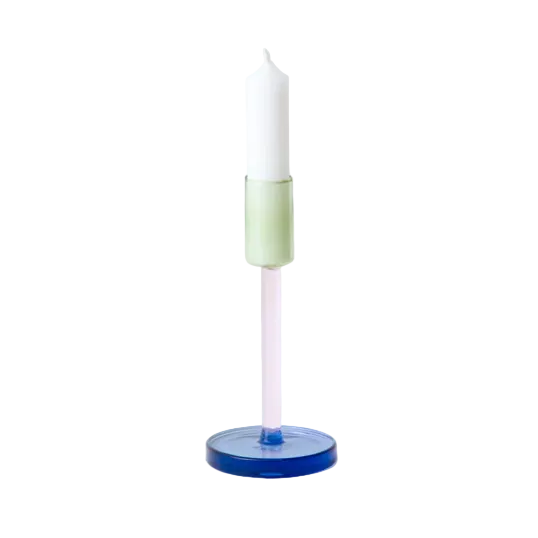 Glass Candlestick, Tall, Green / Pink / Blue