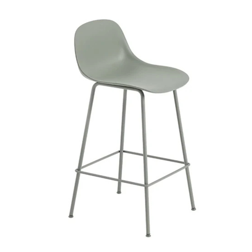 Fiber Stool with Backrest, Tube Base, 65cm, Dusty Green