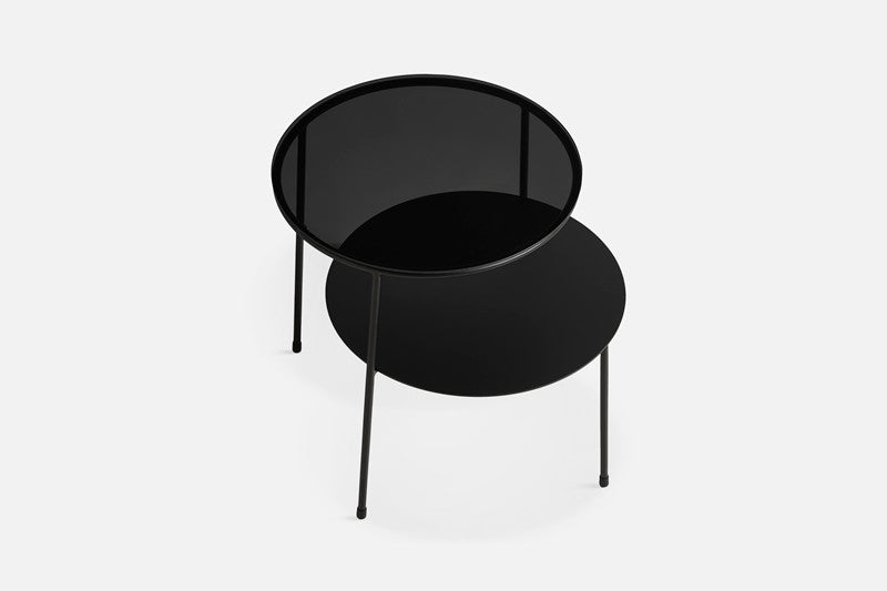 Duo Side Table, Black Painted Metal, Dark Smoked Glass Top