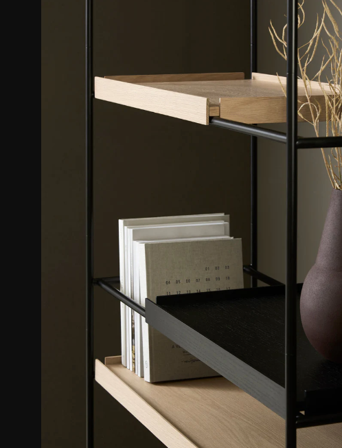 Tray Shelf (High),  2 Wide Oak and 2 Short and 2 Wide Black